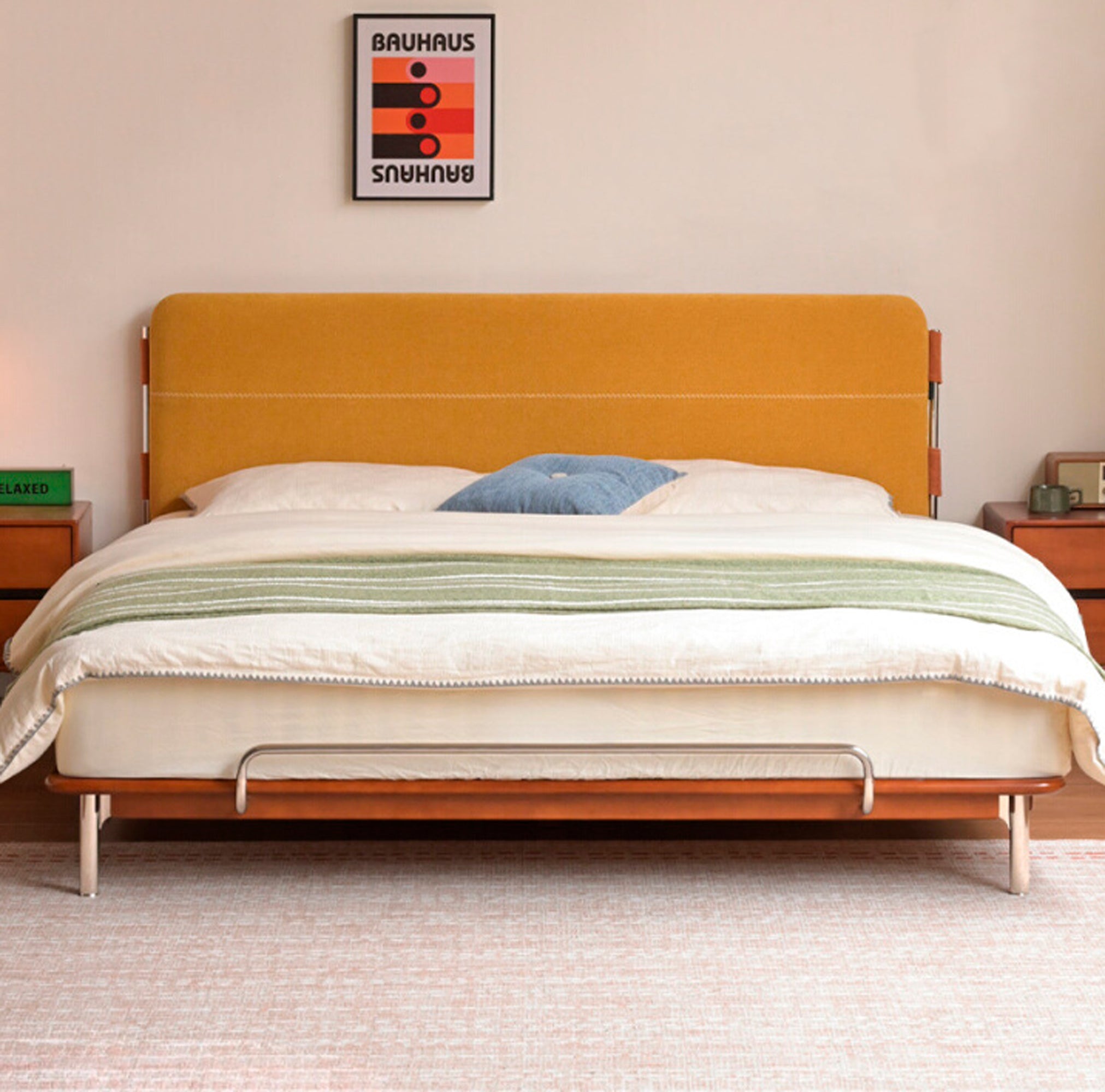 Poplar Solid Wood Soft Back Fabric Chenille Bed Bauhaus Style