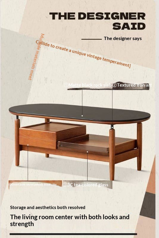Tulipwood Solid Wood Coffee Table with Rock Slab Top in Retro Style