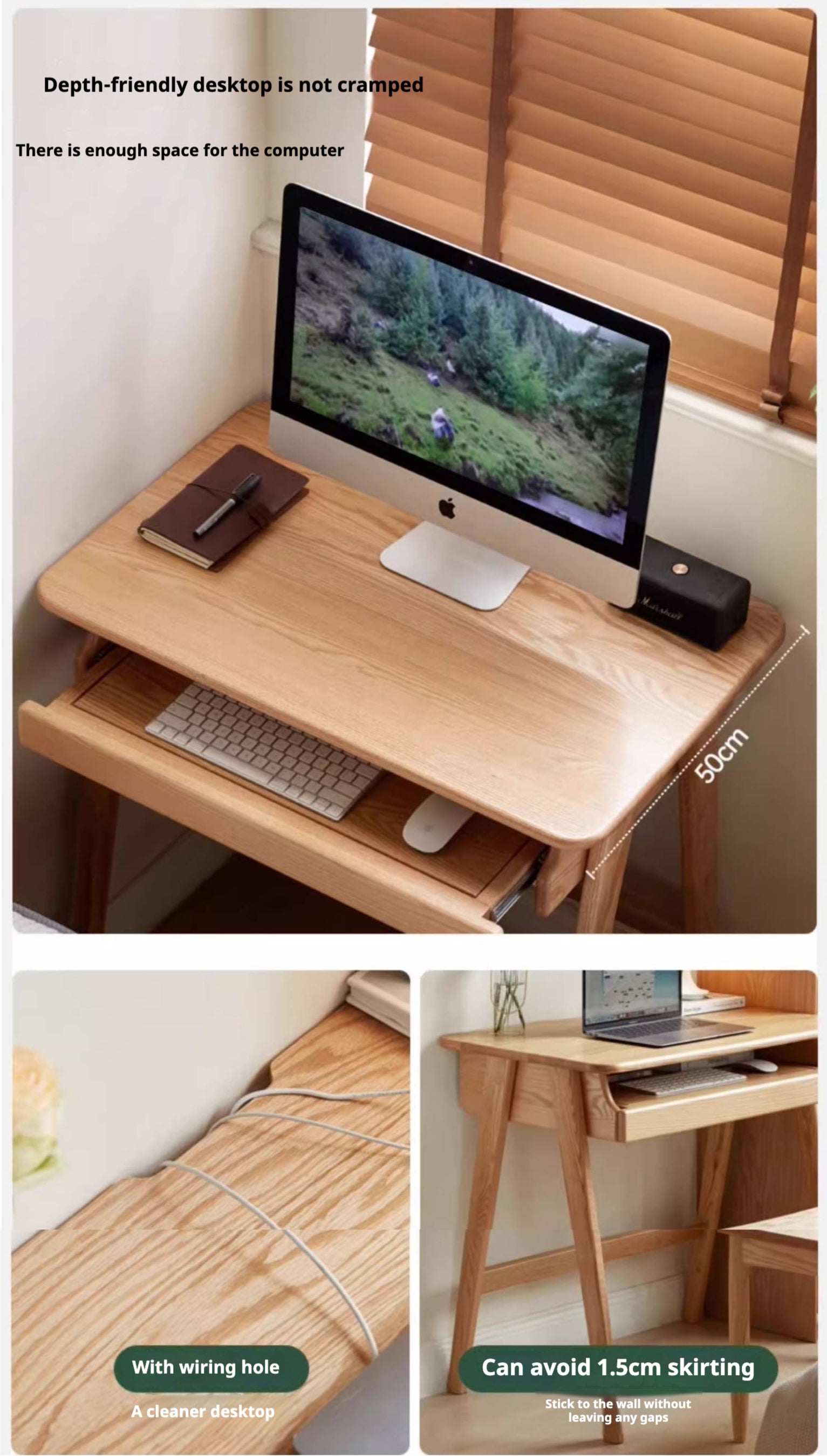 Oak, Solid Rubberwood Narrow Study Desk with Drawers