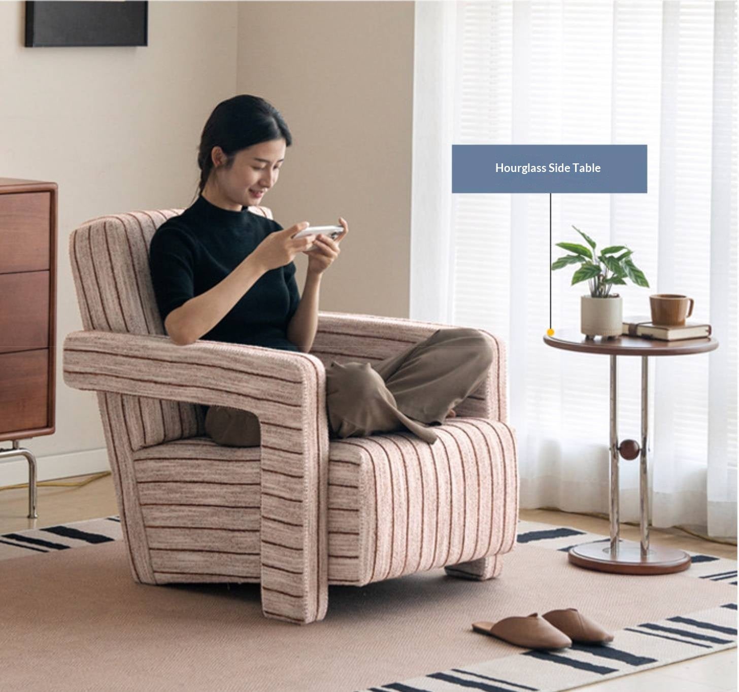 Italian-Inspired Sculptural Design Accent Chair, Modern Fabric Armchair