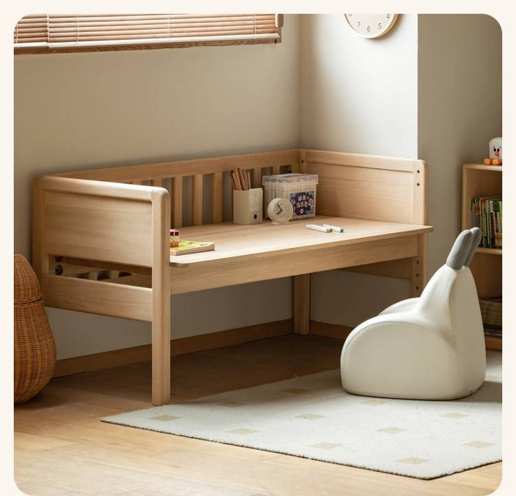Poplar, Beech Solid Wood Children's Bed with Convertible Desk and Guardrail