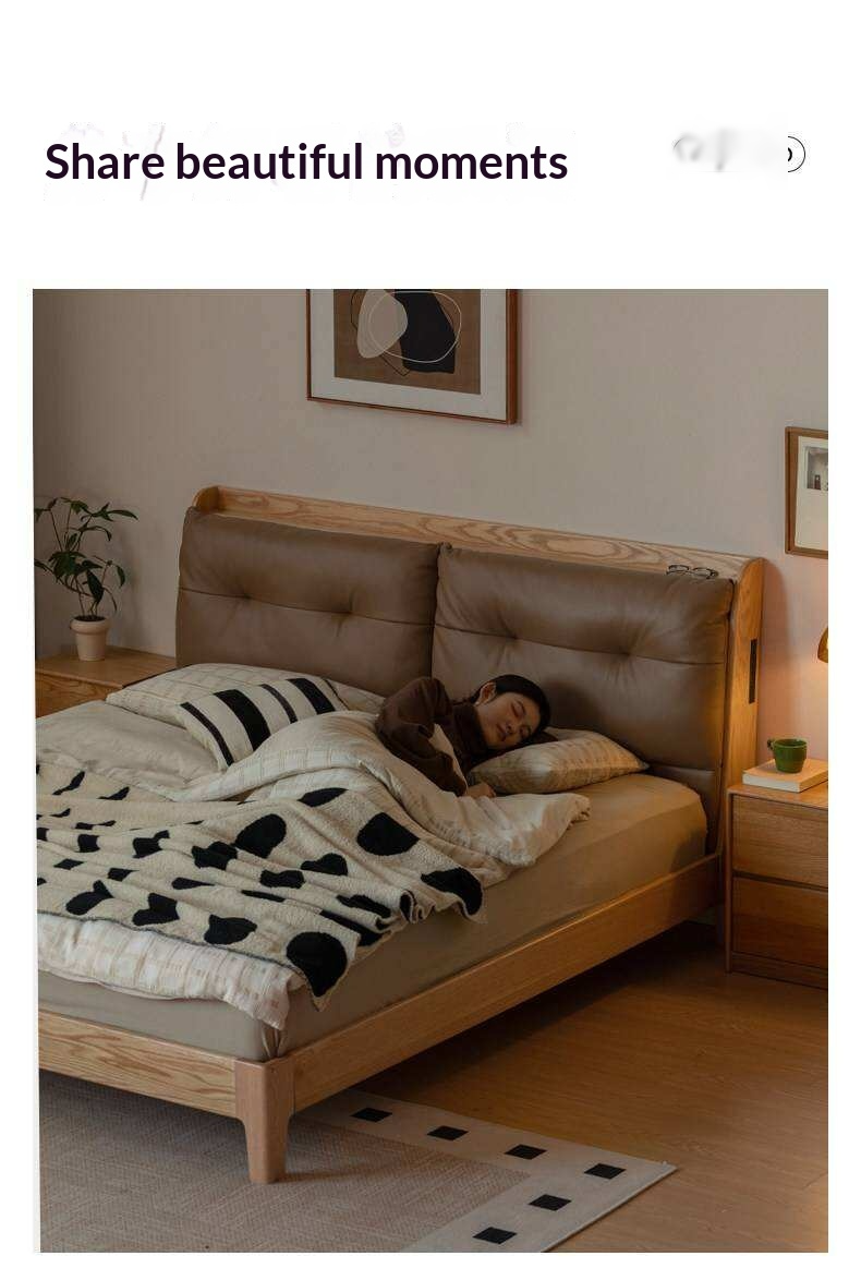 Oak Solid Wood Modern Leather Bed