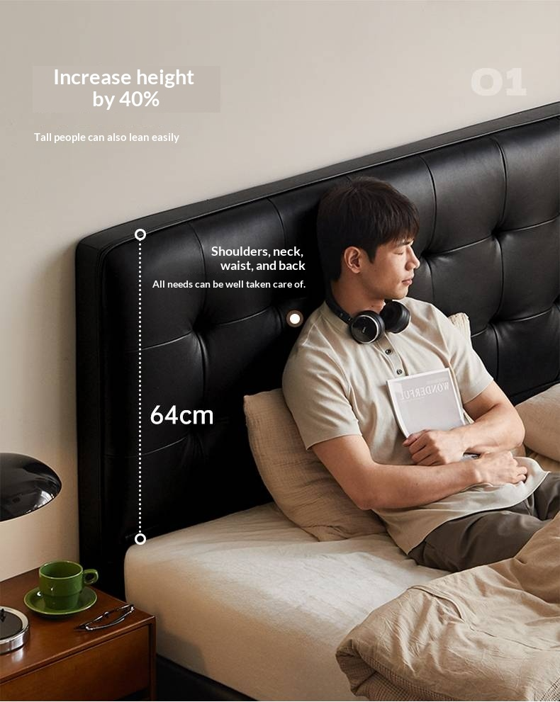 Genuine Leather Retro Box Bed — Black Upholstered, Simple Design