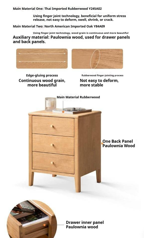 Oak Solid Wood, Solid RubberWood Modern Nightstand.