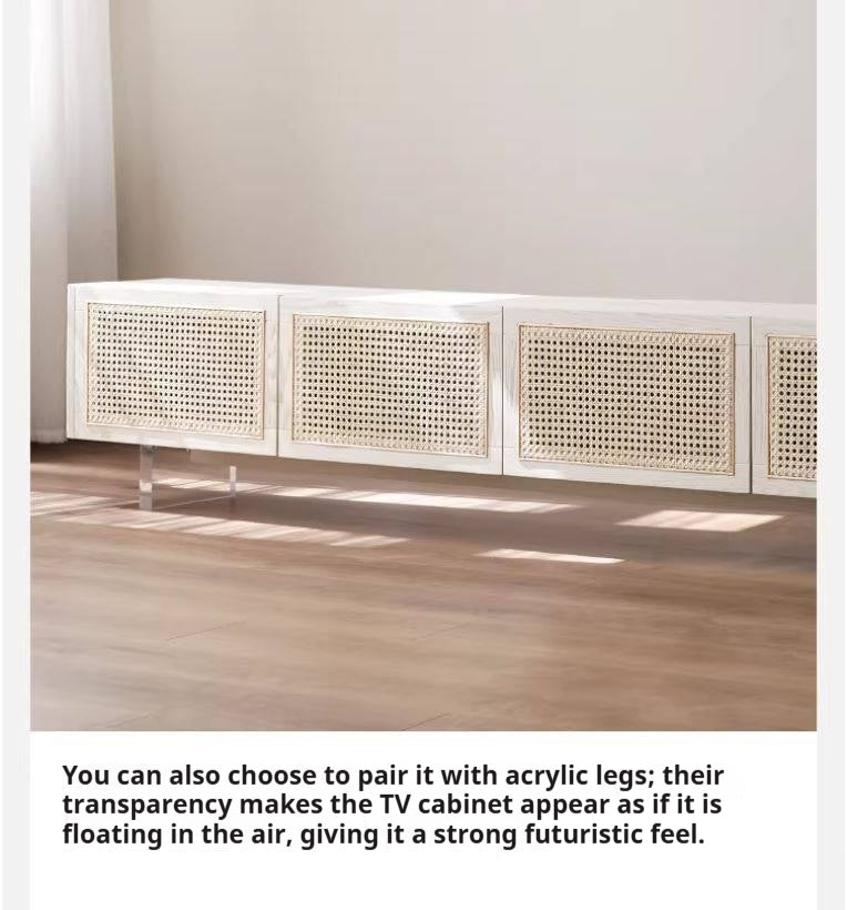 Ash Solid Wood Rattan TV Cabinet Cream Style LED Lights.