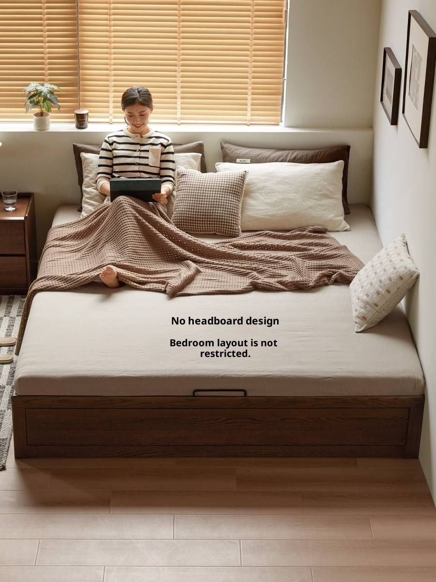 Oak, Rubberwood Solid Wood Platform Box Bed, Headboard-Free Bed Modern Minimalist