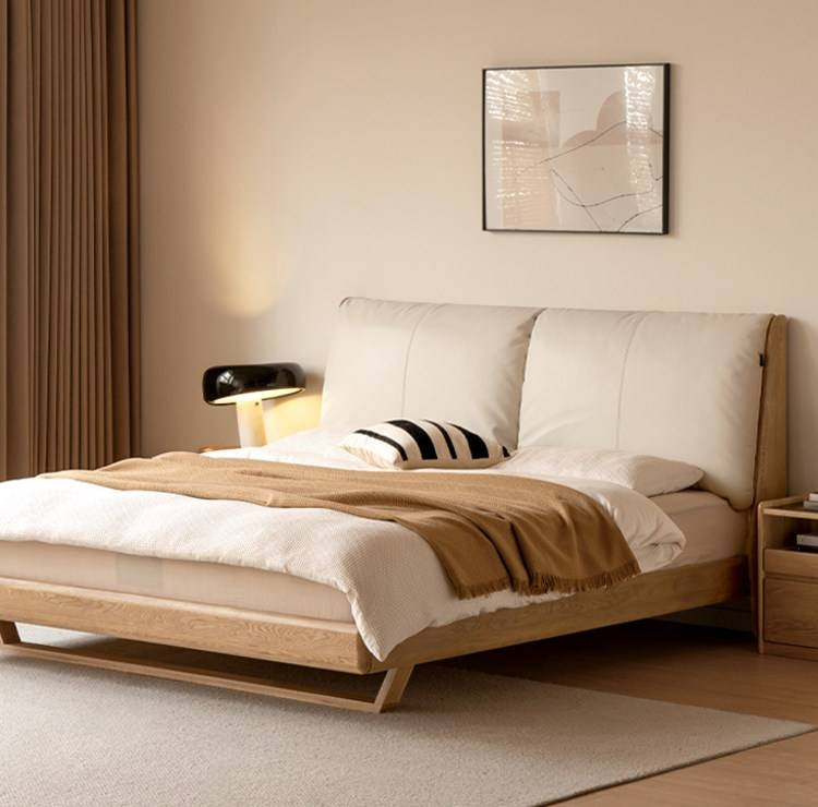 Oak Solid Wood Bed — Modern Minimalist Style with Genuine Leather and Floating Design