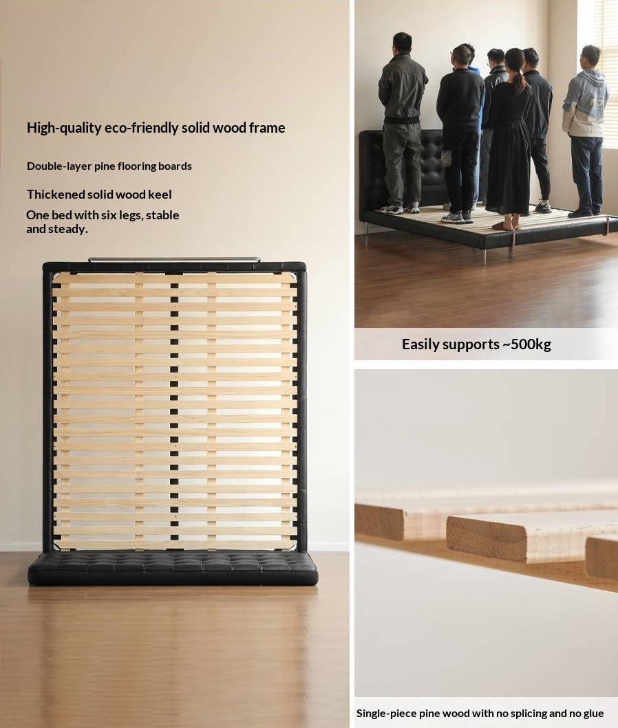 Genuine Leather Bed — Italian Light Luxury, Bauhaus Edge Design, Black Finish