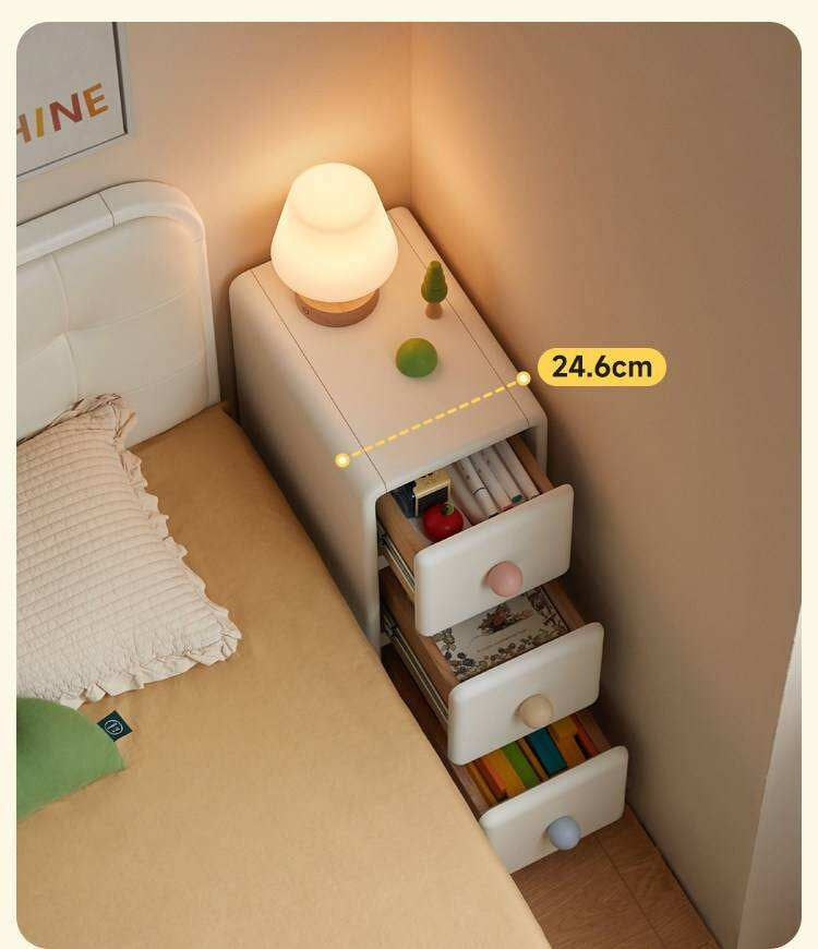 Solid Rubberwood, Beech Solid Wood Cream Style Ultra-narrow Children's Nightstand