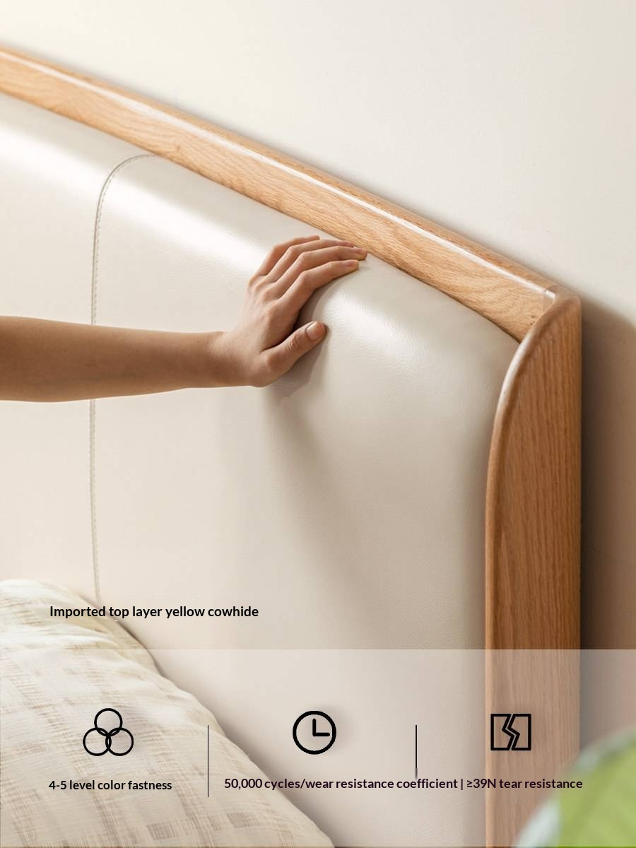 Oak Solid Wood Bed — Modern Minimalist, Genuine Leather Upholstered Bed