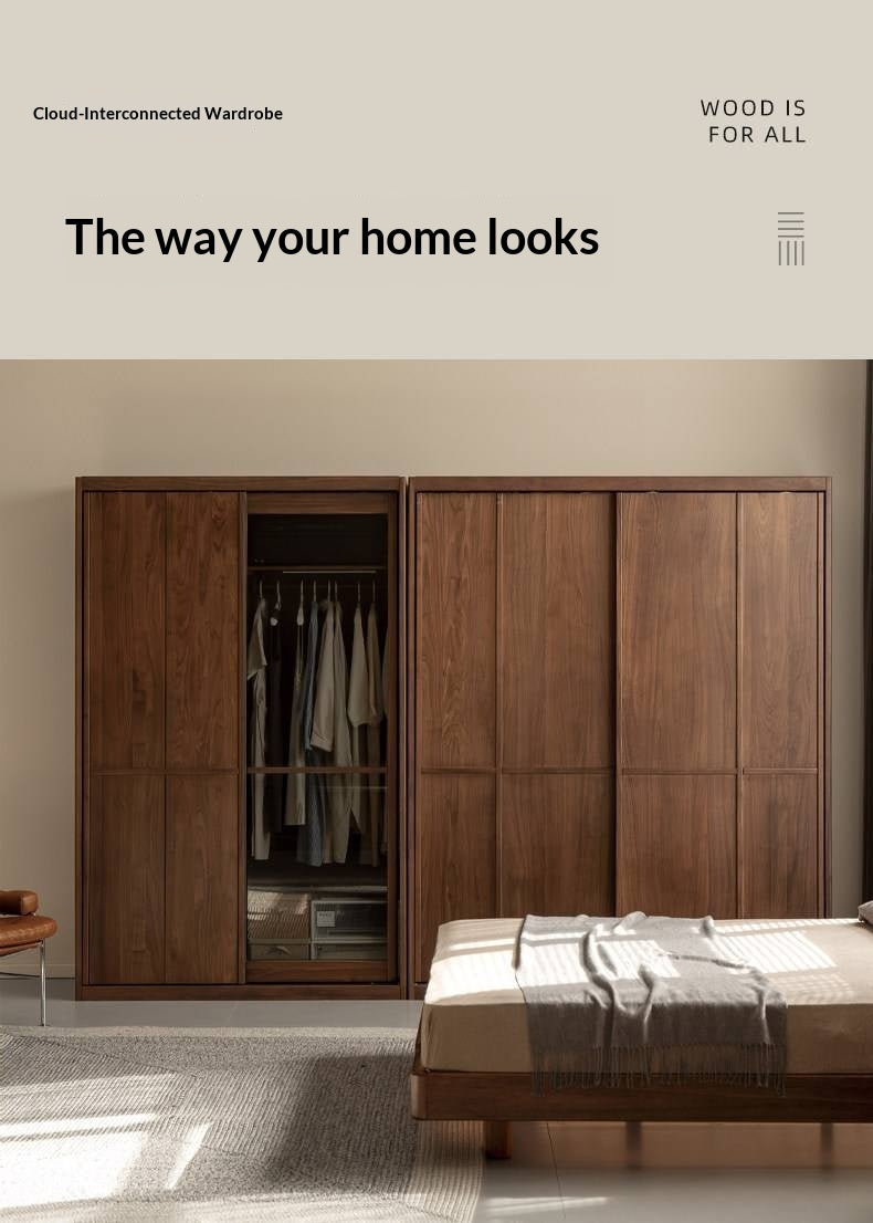 Black Walnut Solid Wood, Solid Longan Hardwood Italian Luxury Sliding Door Wardrobe