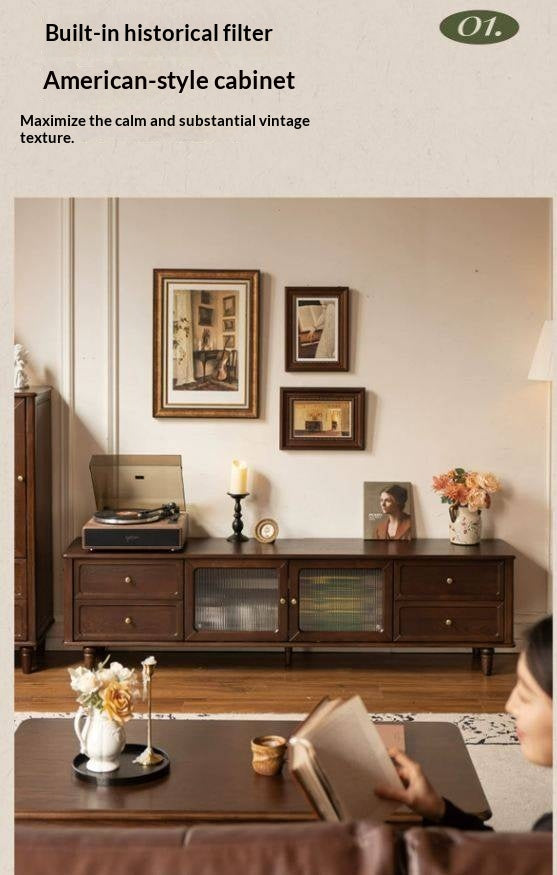 Ash Solid Wood Vintage TV Console with Fluted Glass Doors