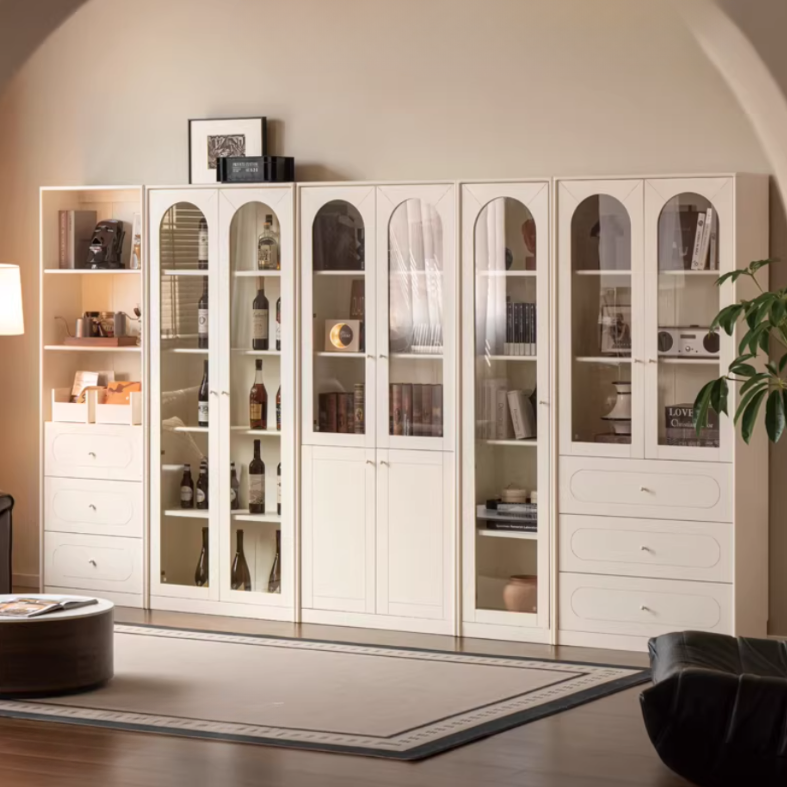 Poplar Solid Wood Bookcase White With Glass Door French Cream Style
