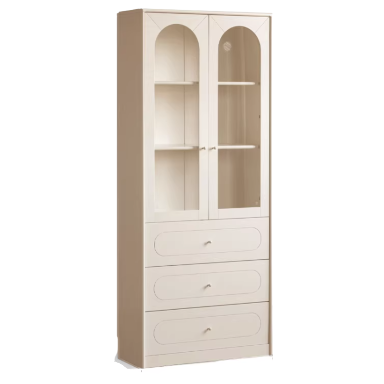 Solid RubberWood Bookcase White With Glass Door French Cream Style
