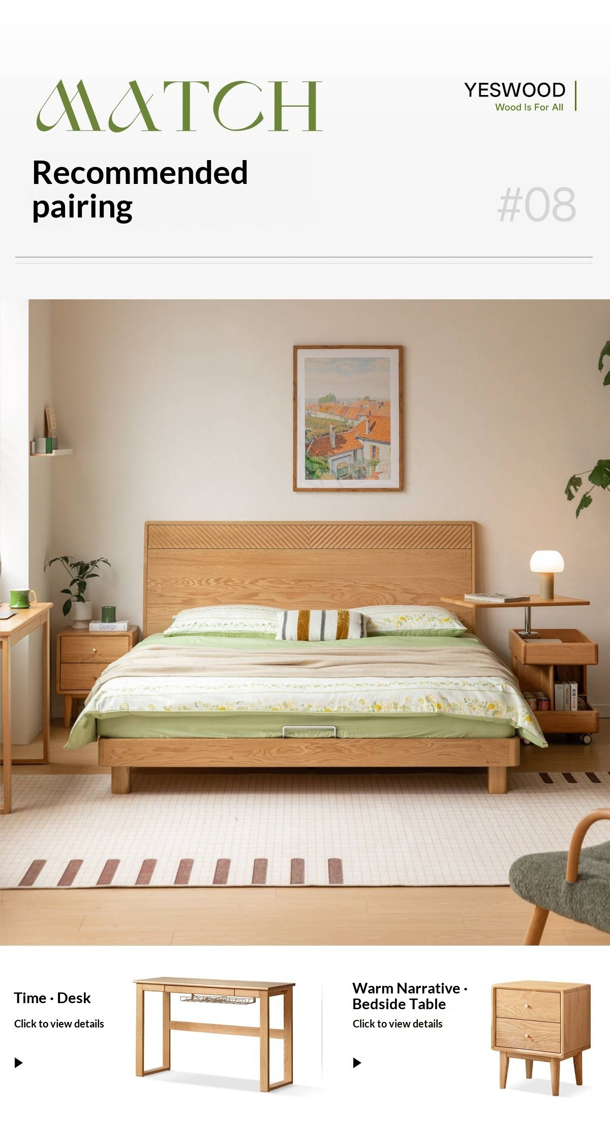 Oak Solid Wood Platform Bed with Grooved Panel Headboard Accent