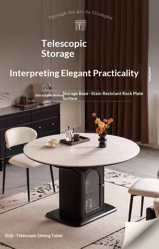 Rubberwood Solid Round Extendable Pedestal Dining Table with Stone Top and Storage Base