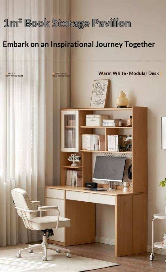 Beech Solid Wood Desk Bookshelf Integrated Study