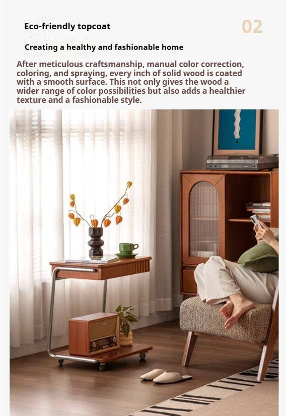 Tulipwood, Cherry Solid Wood Mobile Retro Side Table