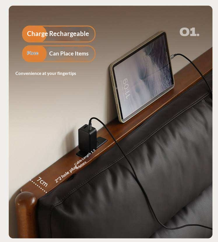 Poplar Solid Wood Mid Century Leather Bed with Padded Headboard