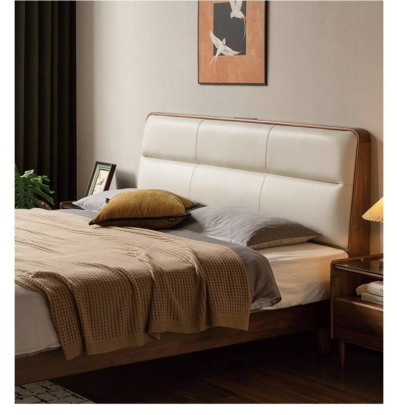 Black Walnut, Teak Solid Wood Luxury Genuine Leather Bed