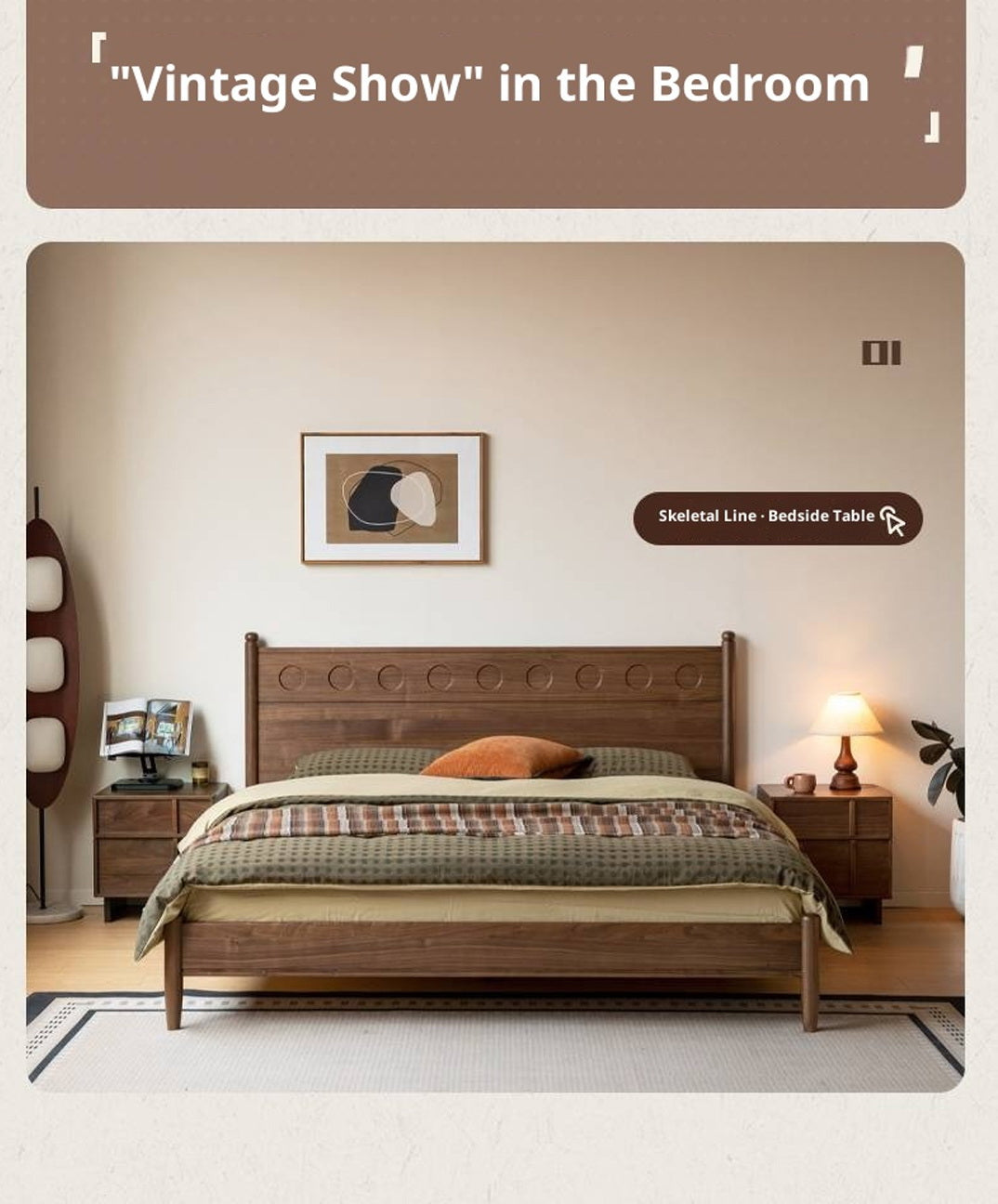 Black Walnut Solid Wood Bed with Carved Polka Dot Headboard
