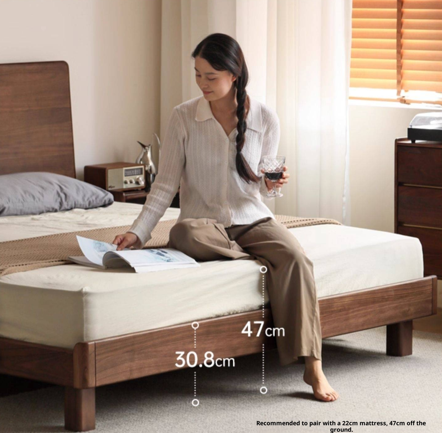 Black Walnut, Teak Solid Wood Bed with High Headboard