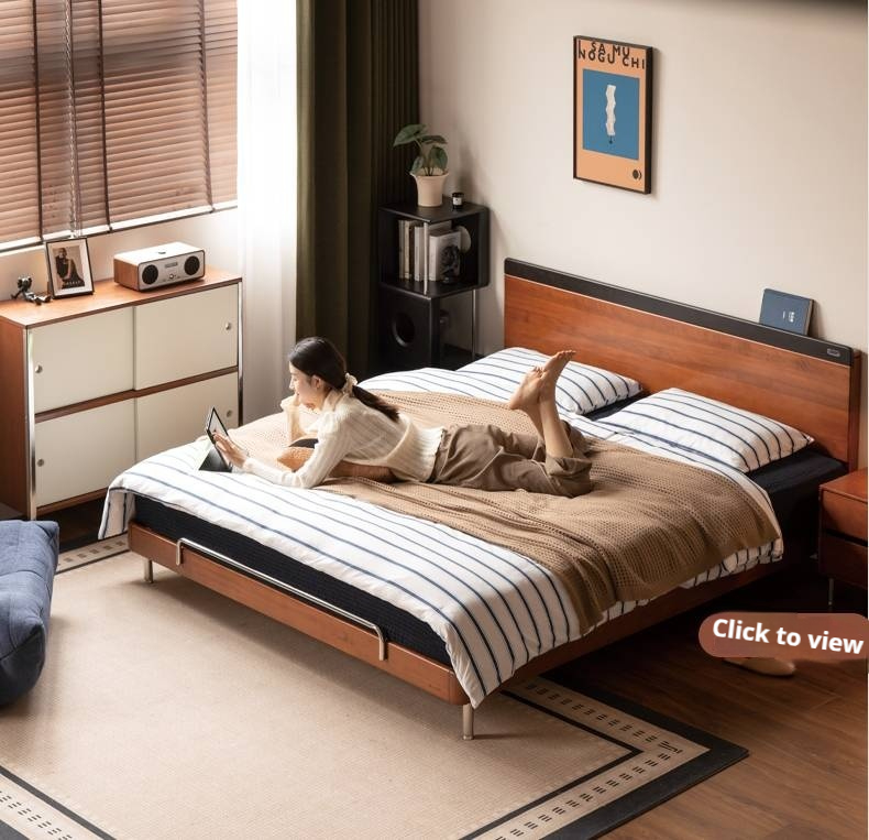 Poplar Solid Wood Mid-Century Modern Platform Bed with Flat Panel Headboard