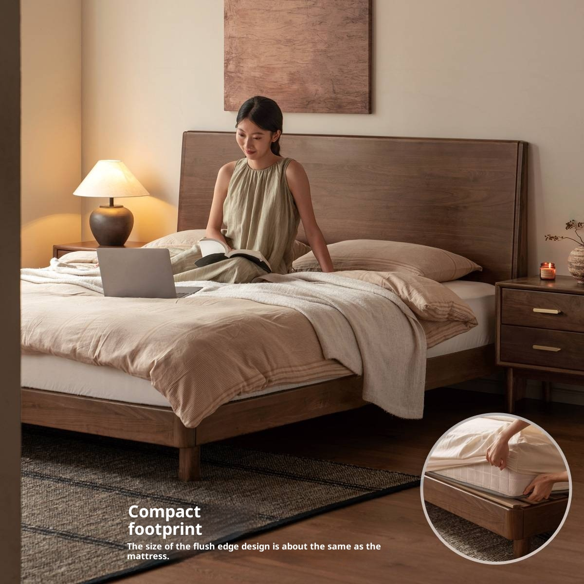 Black Walnut Solid Wood Modern Minimalist Large Bed