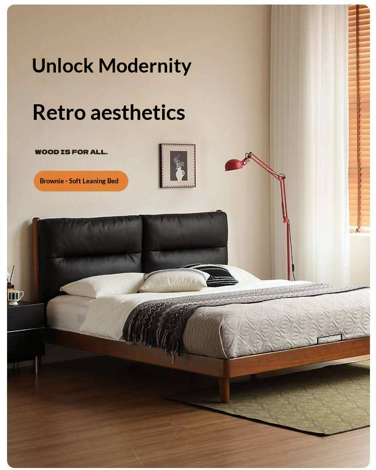 Poplar Solid Wood Mid Century Leather Bed with Padded Headboard