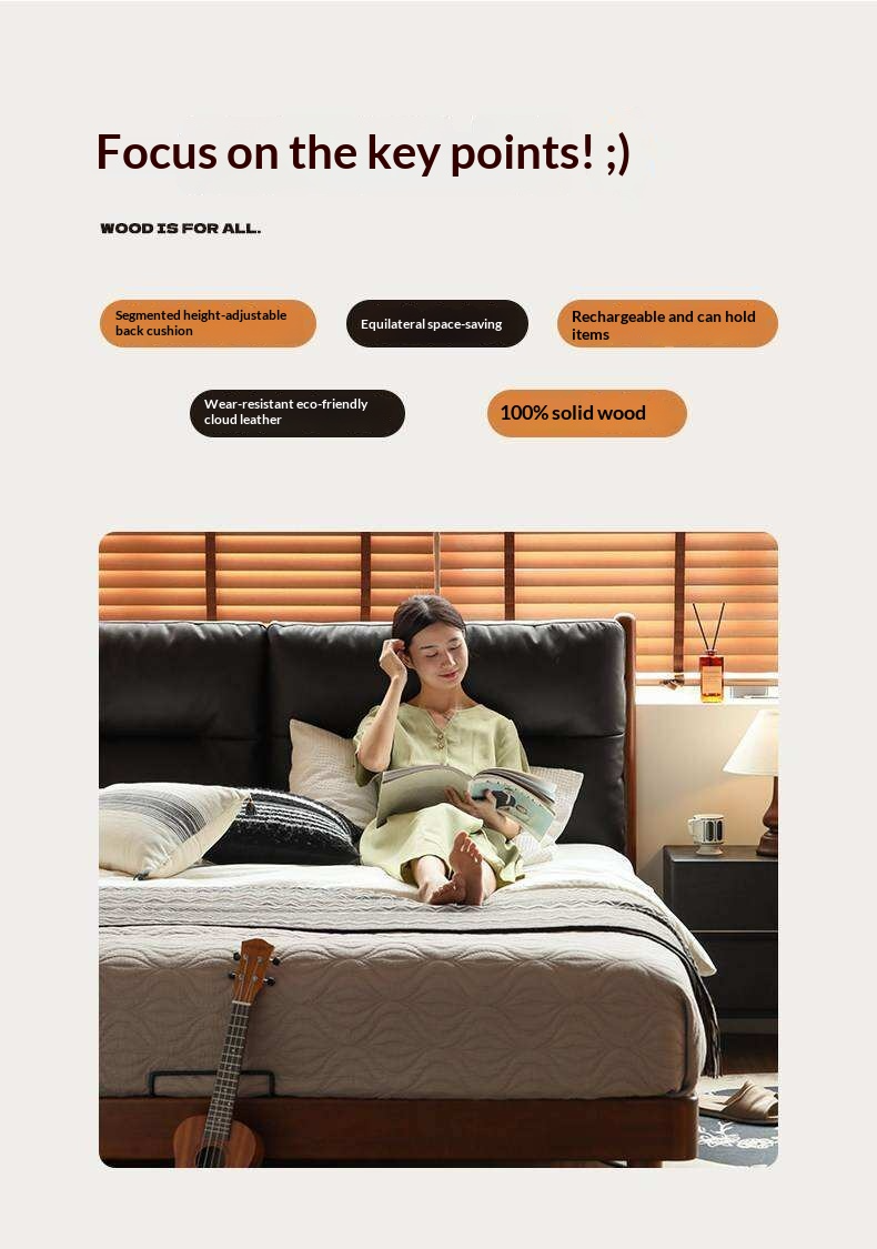 Poplar Solid Wood Mid Century Leather Bed with Padded Headboard