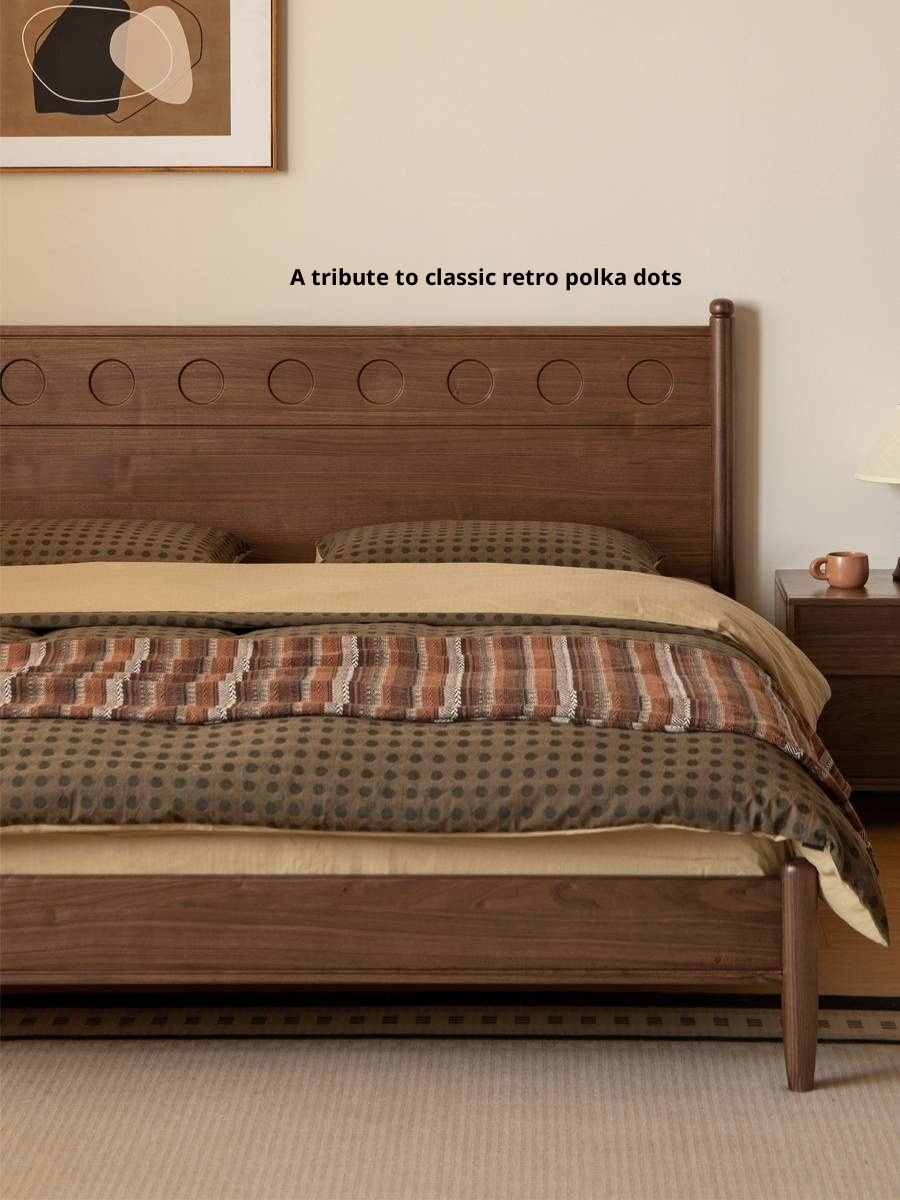 Black Walnut Solid Wood Bed with Carved Polka Dot Headboard