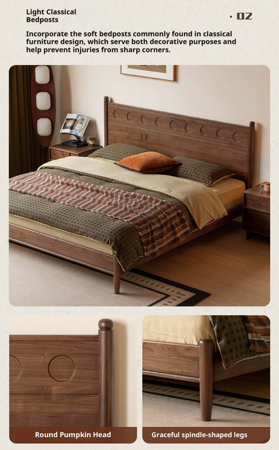 Black Walnut Solid Wood Bed with Carved Polka Dot Headboard