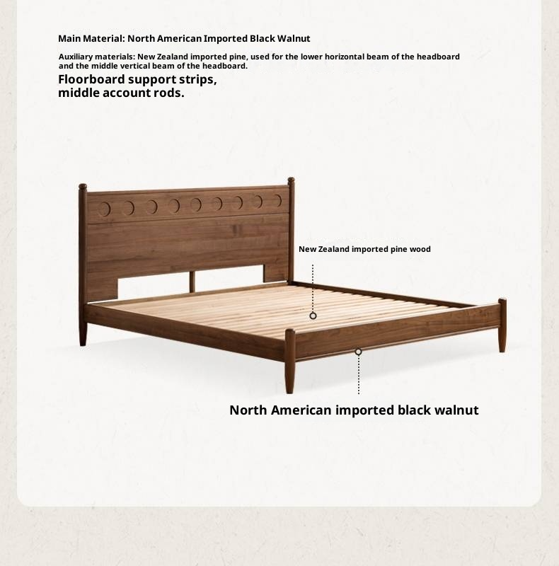 Black Walnut Solid Wood Bed with Carved Polka Dot Headboard