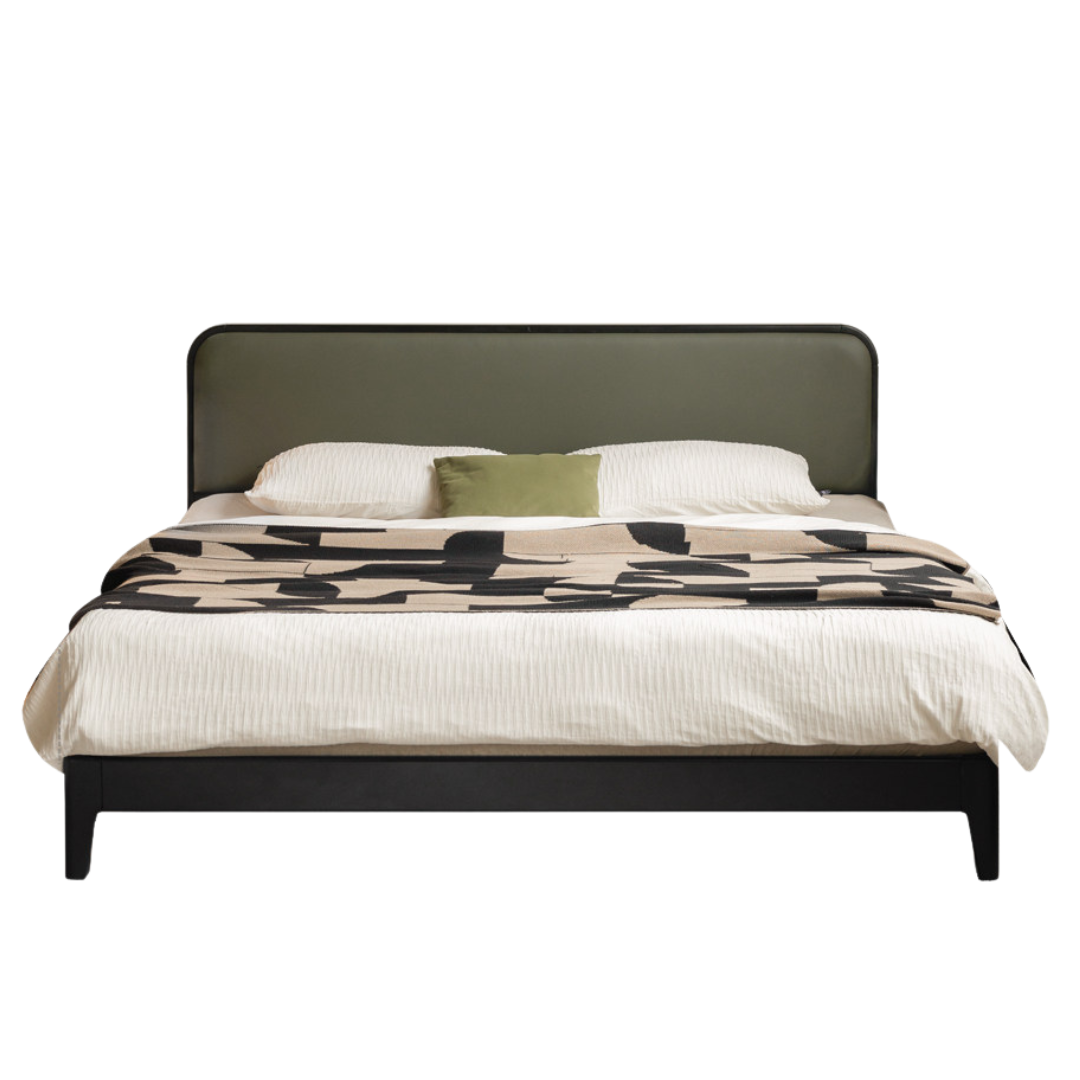 Rubberwood Solid Wood Bed — Modern Minimalist Design with Black Soft Headboard