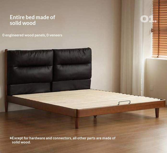 Poplar Solid Wood Mid Century Leather Bed with Padded Headboard