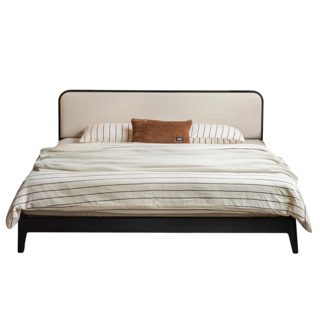 Rubberwood Solid Wood Bed — Modern Minimalist Design with Black Soft Headboard