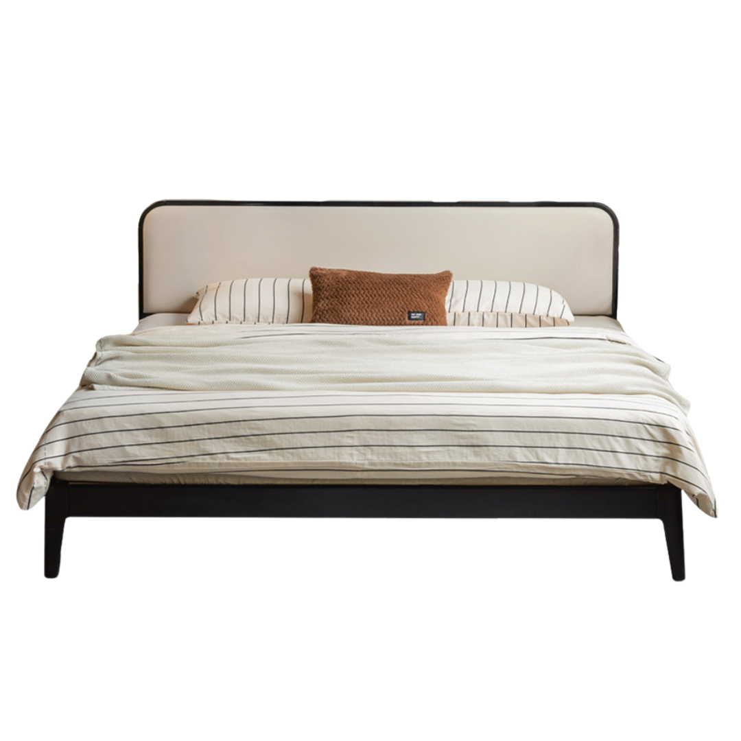 Rubberwood Solid Wood Bed — Modern Minimalist Design with Black Soft Headboard