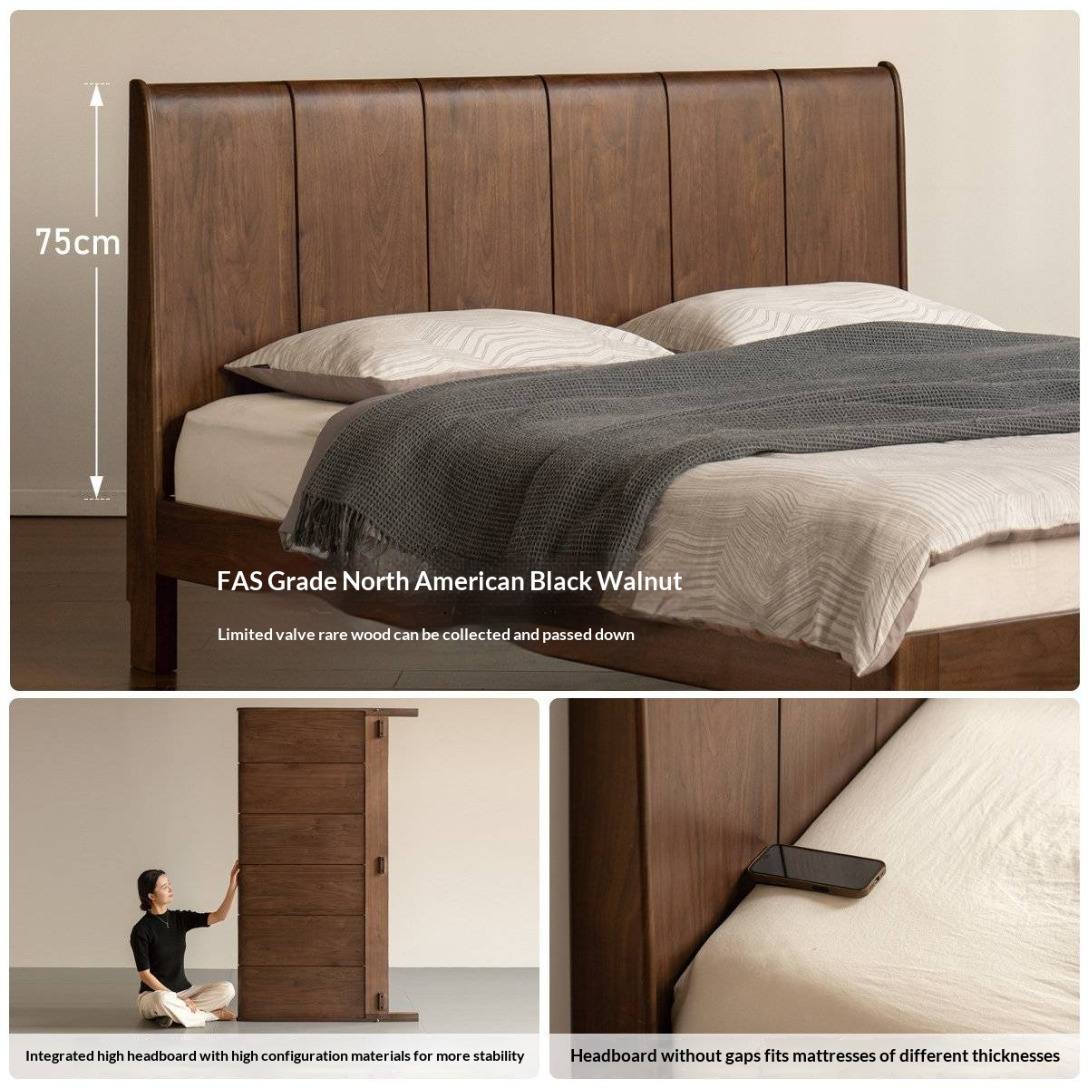 Black Walnut Solid Wood Bed — Italian Light Luxury Style