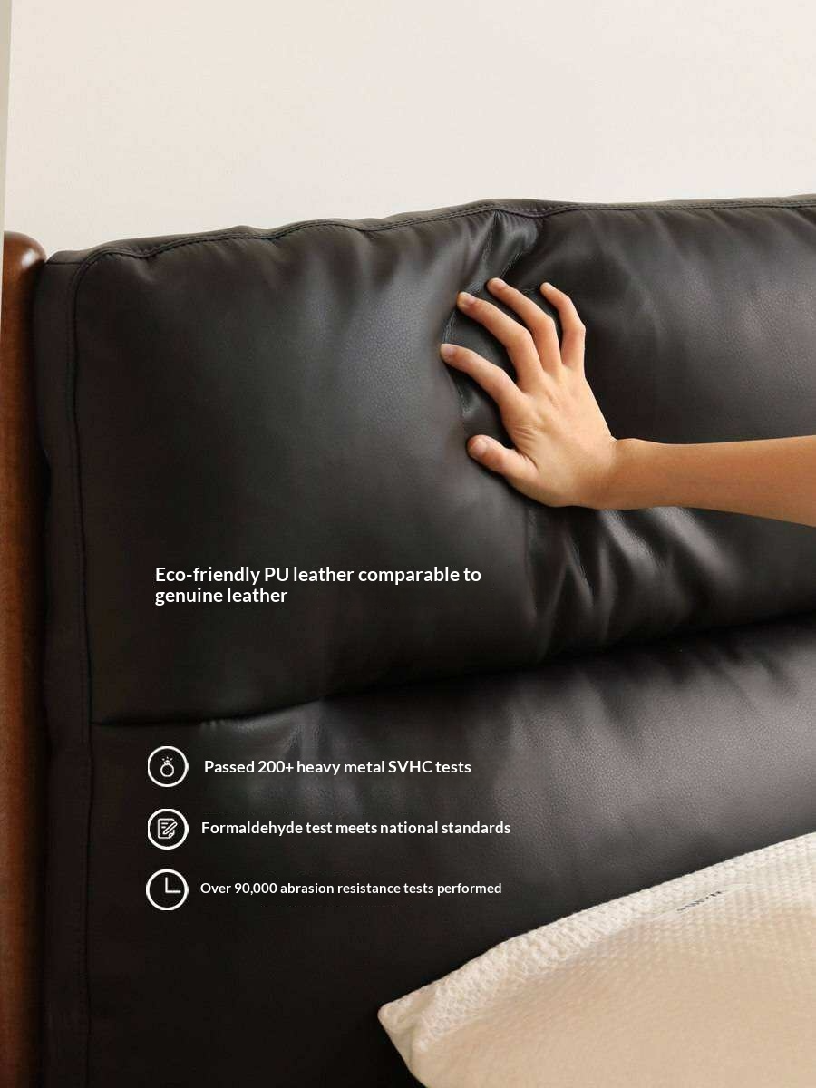 Poplar Solid Wood Mid Century Leather Bed with Padded Headboard