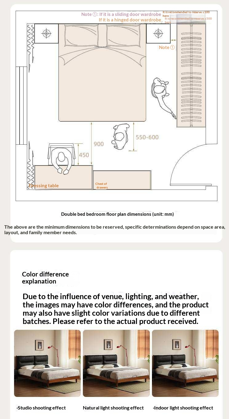 Poplar Solid Wood Mid Century Leather Bed with Padded Headboard