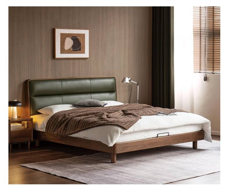 Black Walnut, Teak Solid Wood Luxury Genuine Leather Bed