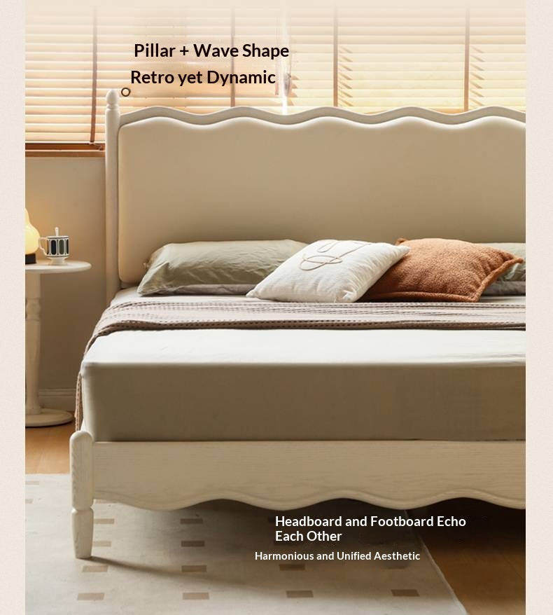 Rubberwood Solid Wood Upholstered Bed Retro Style White Bed