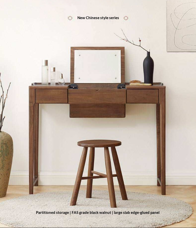 Black Walnut, Ash Solid Wood Flip Vanity Table.