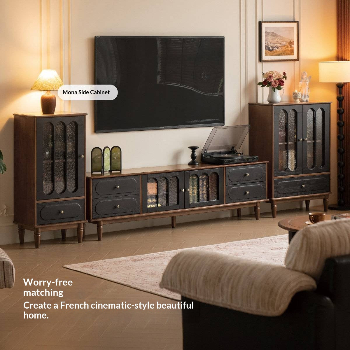 Black Walnut +ash Solid Wood French Country TV Console with Arched Glass Doors