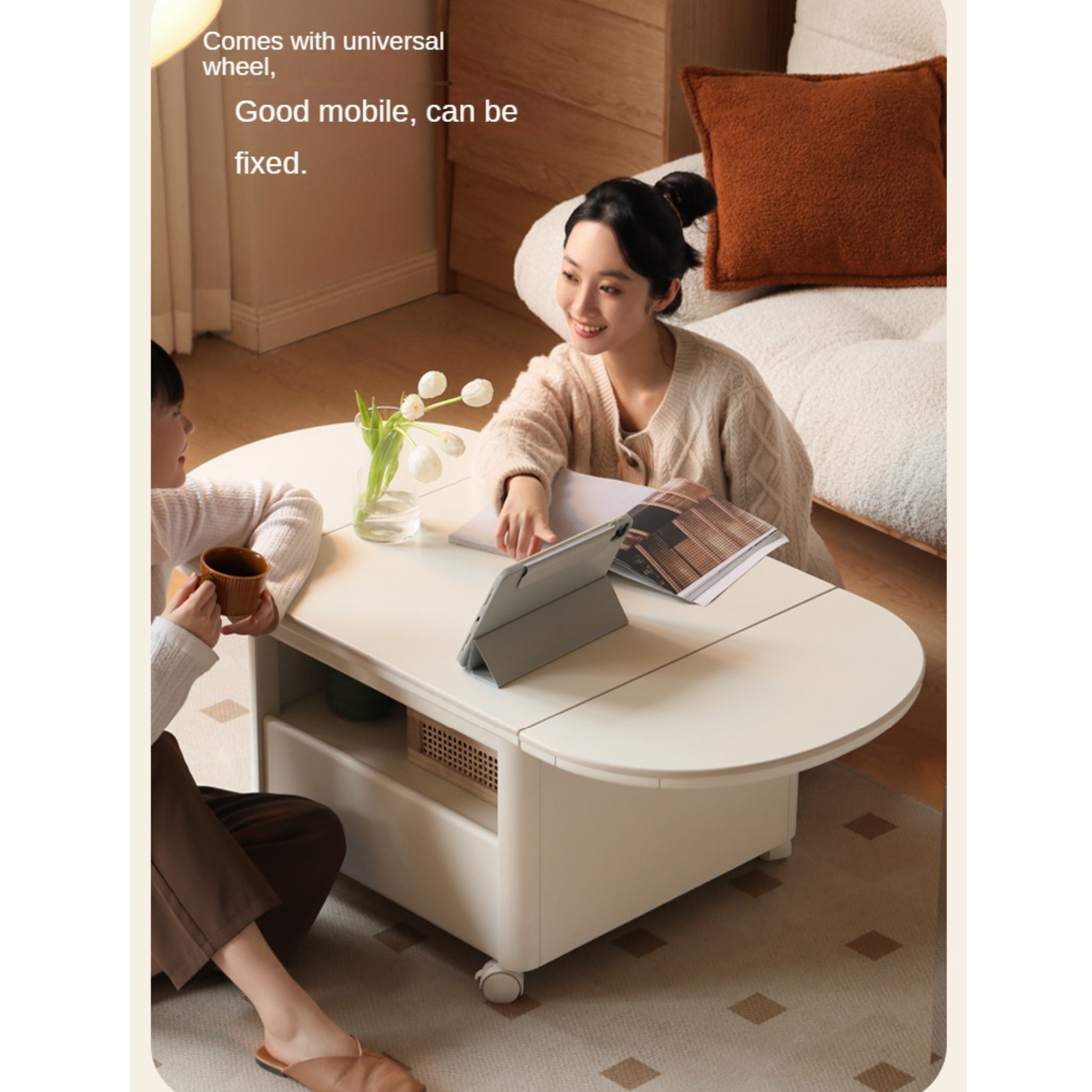 Poplar Solid Wood Folding Rock Board Mobile Coffee Table