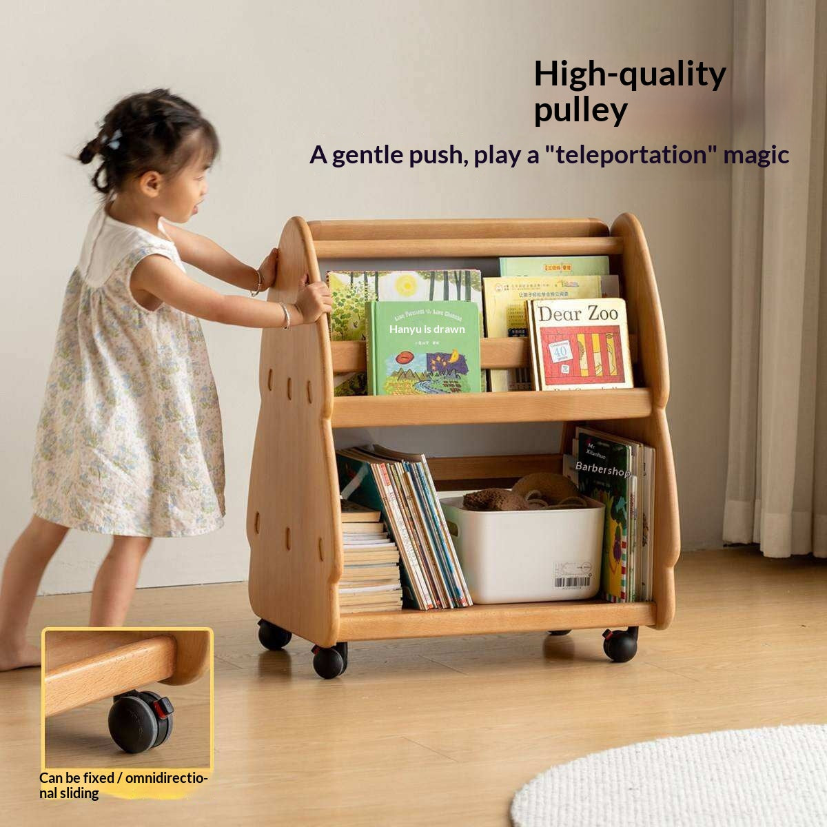 Beech, Poplar Solid Wood Movable Kids Bookshelf with Wheels, Multifunctional Storage