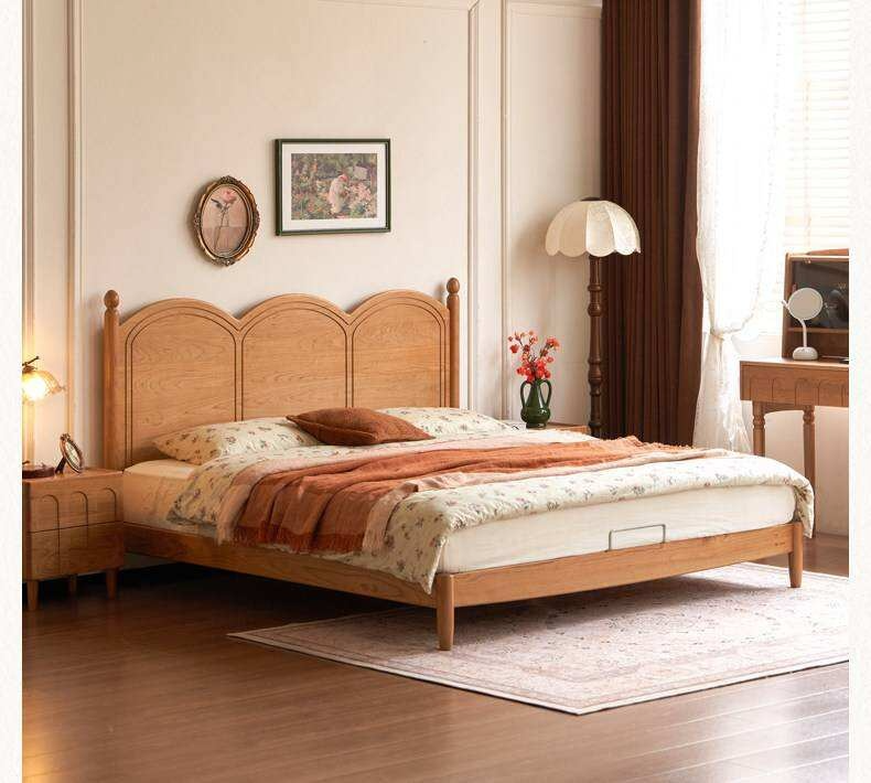 Cherry Solid Wood French Country Arched Platform Bed with Spindle Legs