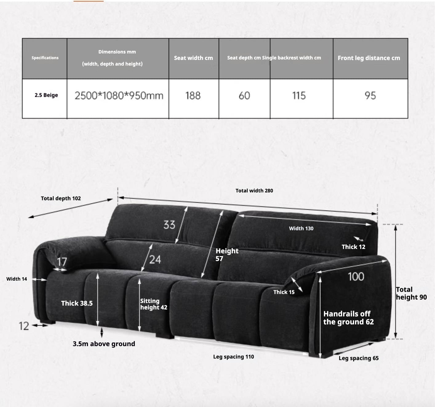 Piano-Key Black Chenille Sofa with Elephant-Ear Design