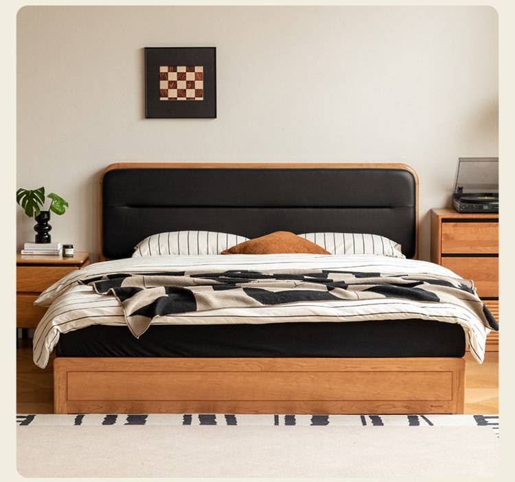 Cherry Solid Wood Box Bed — Vintage Style with Soft Backrest