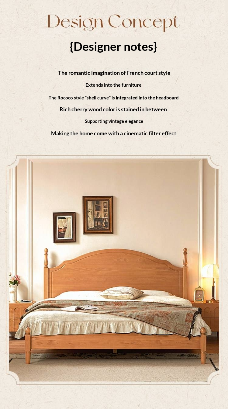 Birch Solid Wood Bed — French Retro Style, Large Slab Design, Mid-Range Style